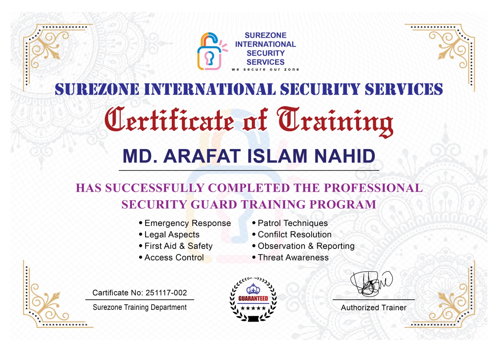 Our basic training certificate